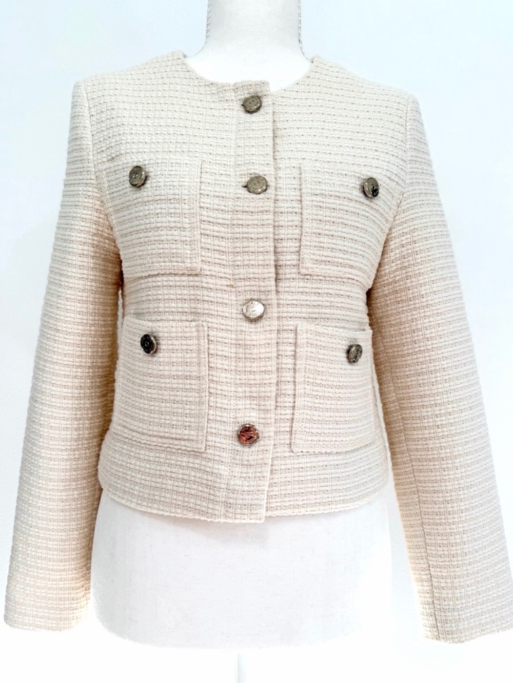 Maje Cream Tweed Cropped Jacket Parisian Blazer Silver Buttons EU 36